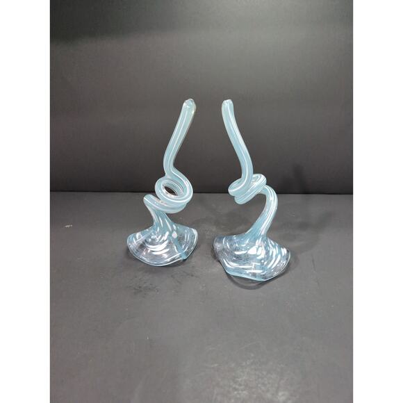 Art Glass Flower Set Of 2, Blue White Flecks, Curled Stem Decor, Glass Flower - Picture 3 of 8